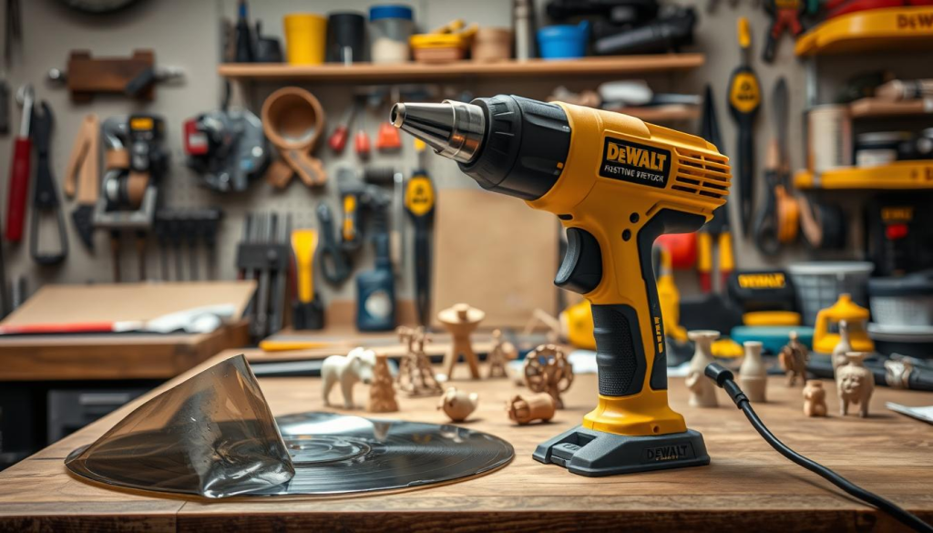A well-lit workshop scene featuring a DEWALT heat gun prominently displayed on a workbench, surrounded by various DIY projects in progress. The heat gun is the focal point, with a warm, inviting glow emanating from its nozzle. In the foreground, a partially melted vinyl record or piece of plastic is being shaped and transformed using the heat gun's precision. In the middle ground, small DIY knickknacks and decorative items are being assembled, their intricate details enhanced by the heat gun's controlled temperature. The background showcases a wall of shelves stocked with tools, materials, and other DEWALT equipment, creating a sense of a versatile, well-equipped workspace. The overall atmosphere is one of creativity, experimentation, and the satisfaction of DIY success.