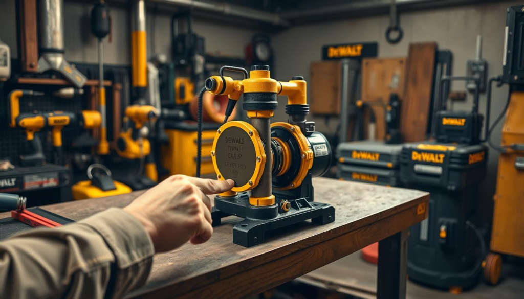 A well-lit workshop scene, featuring a DEWALT transfer pump standing prominently on a sturdy workbench. The pump is meticulously detailed, showcasing its durable construction and safety features. In the foreground, an operator's hands are carefully interacting with the pump's controls, emphasizing the importance of proper handling. The background includes various DEWALT tools and equipment, creating a professional, industrial atmosphere. Soft shadows and warm lighting set a tone of safety and reliability, reflecting the pump's purpose of efficiently and safely moving fluids.