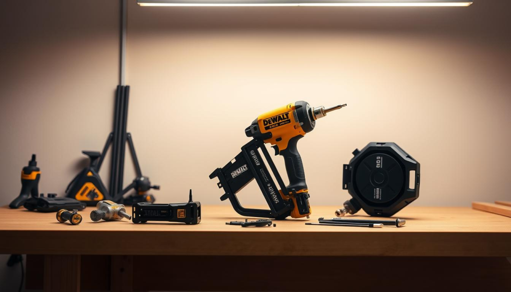 A well-lit workshop scene, featuring a DeWalt 16-gauge finish nailer disassembled on a clean workbench. The nailer's components are neatly arranged, with the body, magazine, and other parts displayed for easy maintenance. Soft, diffused lighting from an overhead source illuminates the tool, casting subtle shadows that accentuate its intricate details. The background is a neutral, uncluttered space, allowing the viewer to focus on the nailer and the maintenance process. The overall mood is one of precision, organization, and attention to detail, reflecting the care and diligence required to maintain this powerful finishing tool.