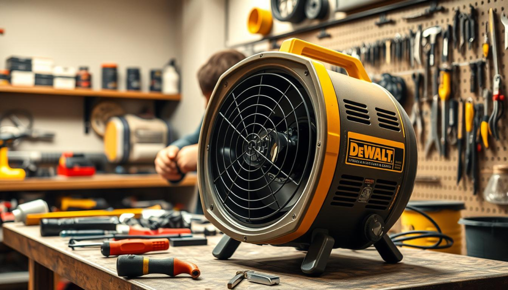 A well-lit workshop scene featuring a DeWalt forced-air heater on a workbench, surrounded by maintenance tools and supplies. The heater is in the foreground, its housing partially disassembled, revealing its internal components. In the middle ground, a mechanic's hands are visible, working on the heater with precision. The background showcases the organized workshop, with shelves of spare parts and a pegboard full of tools. The lighting is warm and focused, casting shadows that accentuate the details of the heater's intricate design. The overall mood is one of careful attention to detail, reflecting the importance of proper maintenance for optimal performance.