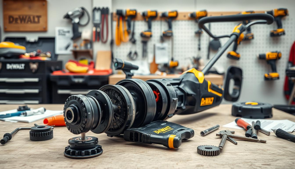 A well-lit workshop scene, showcasing a Dewalt trimmer on a workbench. The trimmer is disassembled, with various tools and spare parts neatly arranged around it. The foreground focuses on the trimmer's inner mechanisms, with a close-up view of the spool, line, and cutting head. The middle ground features a toolbox, maintenance manuals, and a clean, organized workspace. The background depicts a clean, well-lit environment, with a pegboard displaying other Dewalt power tools. The lighting is soft and even, highlighting the trimmer's intricate components and the care taken in its maintenance. The overall mood is one of precision, attention to detail, and a dedication to keeping the Dewalt trimmer in peak condition.
