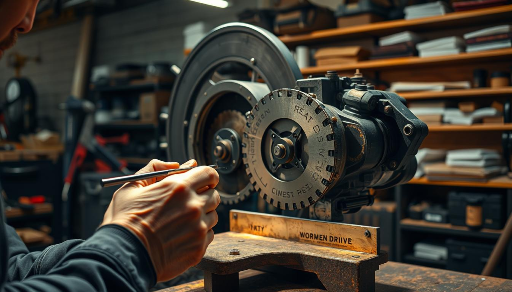 A well-lit workshop scene showcasing a top-rated worm drive saw undergoing meticulous maintenance. In the foreground, a technician's hands carefully inspecting the saw's mechanisms, examining the blade, and cleaning the housing with precision tools. The middle ground features the worm drive saw itself, its sturdy construction and distinctive gearbox prominently displayed. The background subtly suggests a workshop environment, with shelves of neatly organized tools and supplies, providing a sense of context and professionalism. The lighting is warm and focused, casting subtle shadows that accentuate the saw's intricate details. The overall atmosphere conveys the importance of proper maintenance for optimal performance and longevity of this powerful tool.