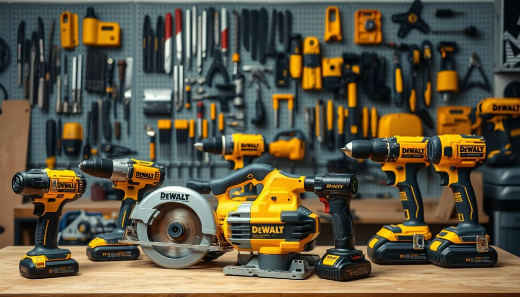 A well-lit workshop scene showcasing an assortment of Dewalt power tools. In the foreground, a Dewalt impact driver, circular saw, and hammer drill sit on a sturdy workbench, their vibrant yellow casings gleaming under the soft studio lighting. In the middle ground, a Dewalt cordless drill and reciprocating saw stand ready, their batteries charged and waiting to be put to use. The background features a neatly organized wall of Dewalt tool accessories, including bits, blades, and attachments, all within easy reach. The overall atmosphere conveys a sense of reliable power, professional-grade quality, and the confidence that comes from using Dewalt's renowned tools.