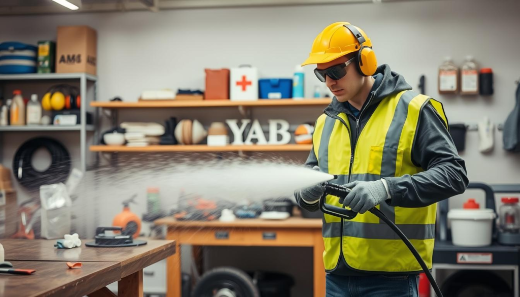 A well-lit workshop scene showcasing proper pressure washer safety practices. In the foreground, a person in full protective gear - goggles, gloves, and a high-visibility safety vest - carefully maneuvering a powerful pressure washer, its spray nozzle angled away from their body. In the middle ground, a sturdy workbench with relevant safety equipment like ear protection and a first aid kit. The background features orderly shelving with pressure washer accessories and cleaners. The overall atmosphere conveys a sense of responsible, professional use of this powerful cleaning tool.