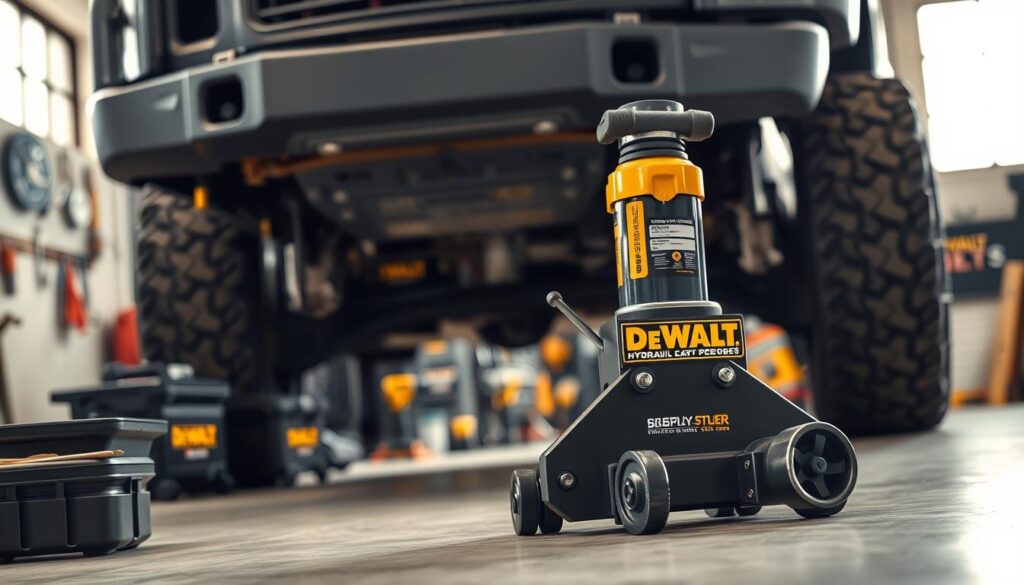 A well-lit workshop scene showcasing the efficiency of a DEWALT jack. In the foreground, a powerful DEWALT hydraulic jack effortlessly lifts a heavy-duty vehicle, its sturdy construction and precise mechanisms on full display. The middle ground features a diverse array of DEWALT tools and equipment, highlighting the brand's comprehensive solutions for professional-grade tasks. The background depicts a clean, organized workspace with ample natural lighting, conveying a sense of productivity and reliability. The overall atmosphere radiates a combination of industrial strength, attention to detail, and the confidence that comes from using DEWALT's dependable tools.