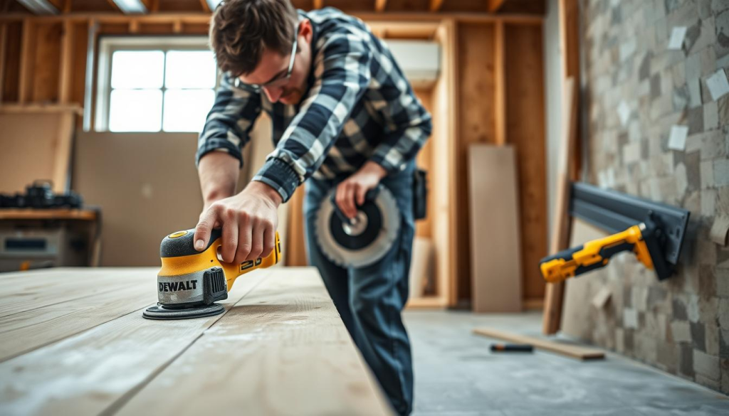 A well-lit workshop scene showcasing the versatile applications of a DEWALT oscillating multi-tool. In the foreground, a contractor deftly maneuvers the tool to sand a wooden surface, meticulously removing old paint. In the middle ground, the multi-tool's cutting blade trims away a section of drywall, exposing the wall's frame. In the background, the multi-tool's scraping attachment is used to scrape away old grout from tile, preparing the surface for a new installation. The scene conveys the tool's ability to handle a wide range of home improvement and repair tasks with precision and efficiency, capturing the power and utility of the DEWALT oscillating multi-tool.