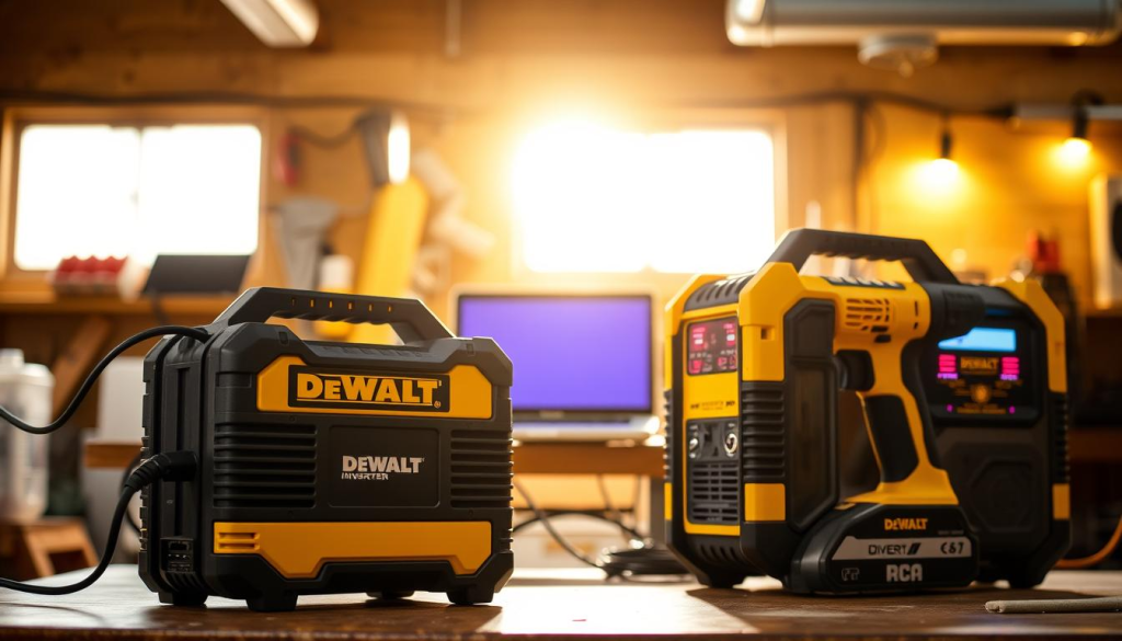 A well-lit workshop scene showcasing various DEWALT inverter applications. In the foreground, a DEWALT portable power inverter powers a construction power tool, its sleek black design contrasting with the tool's vibrant yellow casing. In the middle ground, a DEWALT inverter charges a laptop, illuminating the workspace with its bright LED indicators. In the background, a DEWALT inverter powers outdoor lighting, casting a warm glow across the scene. The overall atmosphere is one of efficiency, versatility, and the seamless integration of DEWALT's innovative inverter technology into diverse real-world applications.