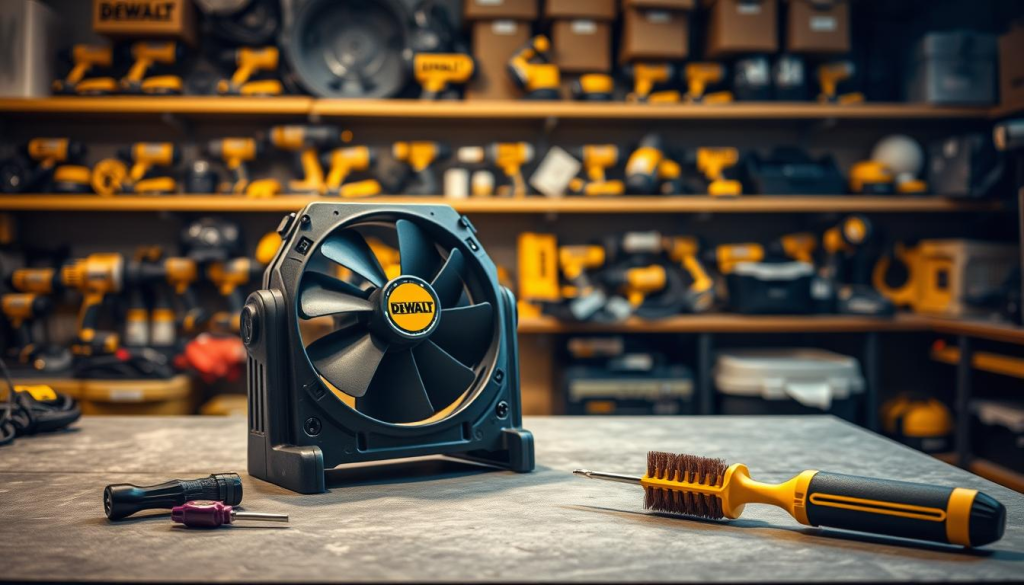 A well-lit workshop scene, with a DEWALT 20V cordless fan on a workbench. The fan is disassembled, revealing its internal components. In the foreground, a set of tools, including a screwdriver and a brush, are neatly arranged, ready for maintenance. The background showcases shelves filled with DEWALT power tools and accessories, conveying a professional, industrial atmosphere. Soft shadows and warm lighting create a sense of focus and attention to detail, emphasizing the importance of proper fan care and maintenance.