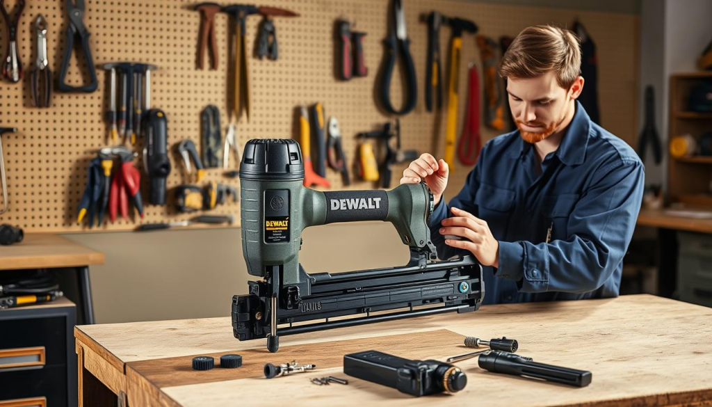 A well-lit workshop scene, with a DEWALT roofing nailer prominently displayed on a sturdy workbench. The nailer is disassembled, revealing its inner mechanisms, as a technician in a navy blue uniform examines each component with a focused expression. The background features a pegboard wall adorned with various tools and accessories, casting long shadows from the directional lighting. The overall atmosphere conveys a sense of problem-solving and professional expertise, setting the stage for effective troubleshooting of this powerful tool.