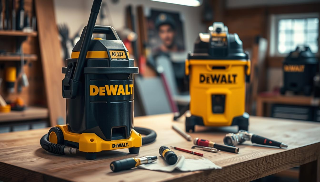 A well-lit workshop scene with a DEWALT wet dry vacuum taking center stage. The vacuum stands on a wooden workbench, its black and yellow body gleaming under warm, directional lighting. Nearby, a set of tools - screwdrivers, brushes, and a cleaning cloth - are neatly arranged, suggesting a maintenance routine in progress. The background is blurred, emphasizing the vacuum as the focal point. The overall mood is one of precision and care, reflecting the importance of proper maintenance for this versatile cleaning tool.