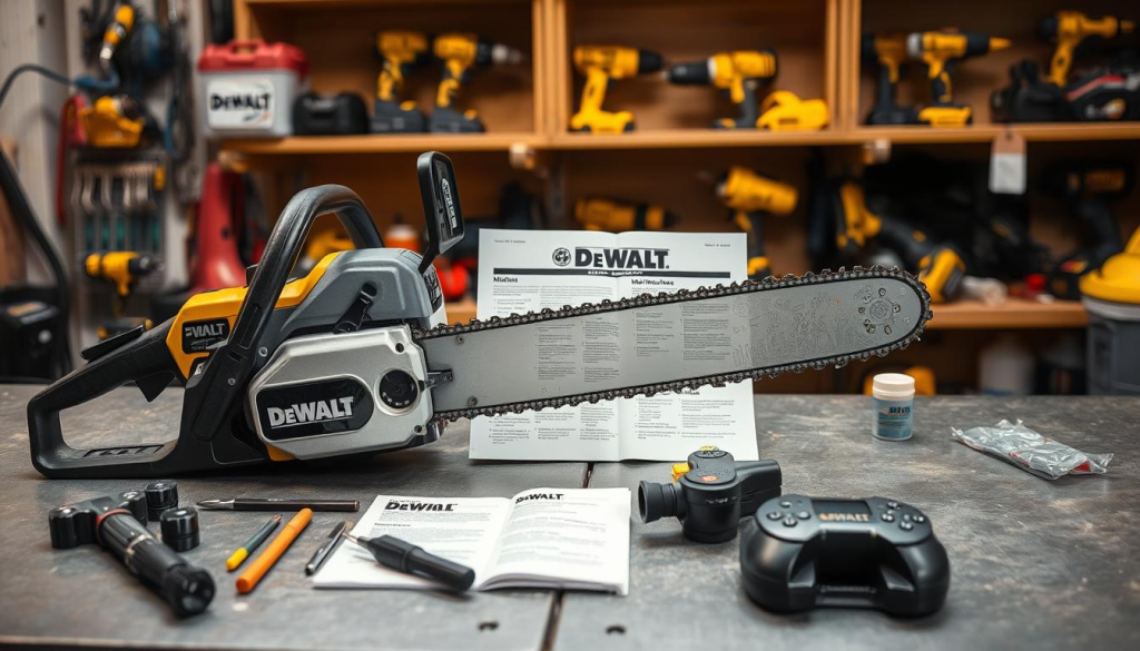 A well-lit workshop scene with a DeWalt 20V cordless chainsaw in the foreground, placed on a workbench. The chainsaw is disassembled, with various tools and cleaning supplies arranged neatly around it, allowing for close inspection of its internal components. In the middle ground, a set of instructions or a maintenance manual is open, providing guidance on the proper steps for servicing the chainsaw. The background features shelves with other DeWalt power tools, conveying a sense of a professional, organized workspace dedicated to outdoor equipment maintenance.