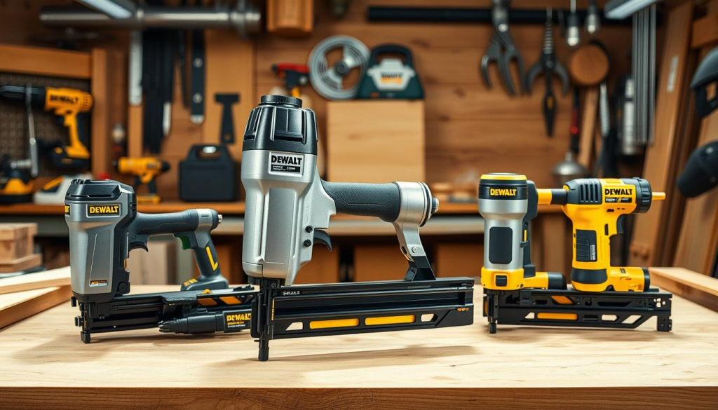 A well-lit workshop scene, with a central focus on a DEWALT brad nailer placed prominently on a sturdy workbench. The nailer is shown in detail, its sleek metallic body gleaming under the warm lighting. Surrounding it are other prominent brad nailer models from leading brands, each presented in a comparative layout to highlight the DEWALT's distinctive features and performance. The background is filled with workshop tools, materials, and a hint of DIY projects in progress, conveying a sense of the nailer's practical applications. The image exudes a professional, informative tone, inviting the viewer to assess the DEWALT brad nailer's capabilities in relation to its competitors.