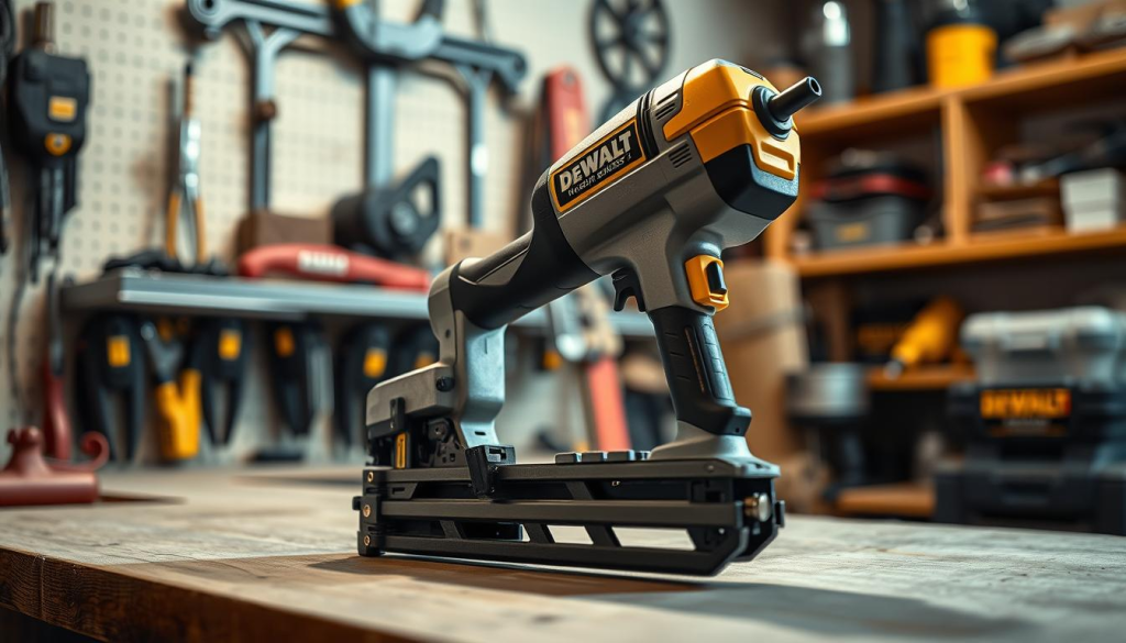 A well-lit workshop setting, a DEWALT Brad Nailer resting on a workbench against a backdrop of shelves stocked with various tools and equipment. The nailer is prominently displayed, its metallic body gleaming under focused lighting. Close-up angle captures intricate details of the tool's components, showcasing its robust construction and maintenance-friendly design. Soft shadows cast by the nailer create a sense of depth, while the overall mood is one of precision and professionalism, reflecting the care and attention required to maintain this powerful DIY tool.