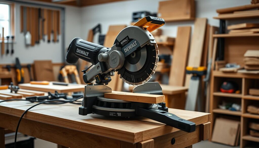 A well-lit workshop setting, a DeWalt cordless miter saw resting on a sturdy workbench. The saw's blade glides through a piece of wood effortlessly, creating a clean, precise cut. The mid-ground features an array of woodworking tools, including clamps and measuring devices, while the background showcases an organized workspace with shelves of materials. The lighting is soft, slightly angled, emphasizing the saw's crisp, detailed performance. The overall atmosphere conveys a sense of focus, efficiency, and the pride of a skilled craftsperson executing a flawless project.