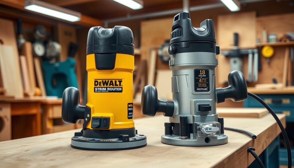 A well-lit workshop setting, a DeWalt trim router resting on a workbench. The router's safety features are prominently displayed, including its dust extraction port, on/off switch, and speed control dial. The foreground showcases the router's ergonomic design and comfortable grip, inviting the user to engage with the tool. In the middle ground, a selection of woodworking materials and tools, hinting at the router's versatility in various projects. The background depicts a clean, organized workspace, reflecting the precision and care required when using a trim router. The overall scene conveys a sense of professionalism and attention to safety, aligning with the subject of the article.
