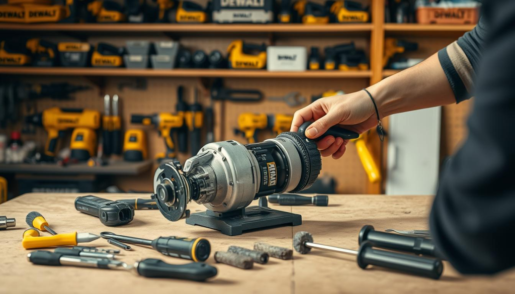 A well-lit workshop setting, showcasing a DEWALT variable speed grinder on a sturdy workbench. In the foreground, a technician's hands carefully disassembling the grinder, revealing its inner components. The middle ground features an array of maintenance tools, including a wrench, screwdriver, and cleaning brushes, neatly arranged. The background displays shelves stocked with DEWALT power tools and accessories, creating a professional, well-equipped atmosphere. The lighting is warm and directional, casting subtle shadows that accentuate the details of the grinder's mechanics. The overall scene conveys a sense of precision, care, and attention to detail in maintaining this DEWALT power tool.