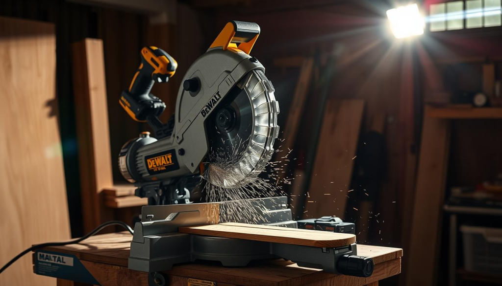 A well-lit workshop setting, showcasing a DeWalt cordless miter saw in action. The saw is positioned on a sturdy workbench, casting strong shadows that emphasize its robust construction. The powerful motor whirs as the blade cleanly slices through a wooden board, producing a shower of fine sawdust. The angular, metallic body of the saw is captured in crisp detail, conveying a sense of precision engineering. Bright task lighting illuminates the scene, casting a warm, focused glow and highlighting the saw's performance capabilities. The overall atmosphere exudes a professional, workshop-like ambiance, perfectly suited to illustrate the "Performance and Power" section of the article.