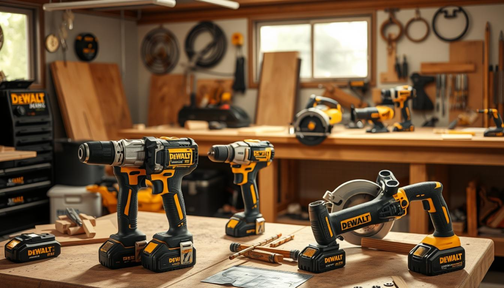 A well-lit workshop setting, showcasing a diverse array of DEWALT XR power tools in action. In the foreground, a cordless impact driver, a brushless hammer drill, and a reciprocating saw are being used on various materials, demonstrating their versatility. In the middle ground, a circular saw and an oscillating multi-tool are being used to cut and finish woodworking projects. In the background, a workbench with a DEWALT XR battery charger and an assortment of accessories and attachments, hinting at the comprehensive nature of the DEWALT XR Combo Kit. The scene is bathed in a warm, natural lighting, emphasizing the high-quality construction and performance of the tools.