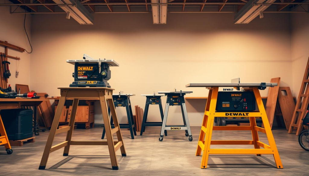 A well-lit workshop setting, showcasing a side-by-side comparison of the DEWALT table saw stand against other prominent brands. The DEWALT stand is prominently featured in the foreground, its sturdy construction and attention to detail evident. In the middle ground, other table saw stands are arranged, allowing for a direct visual assessment of their features and capabilities. The background is a clean, minimalist space, allowing the comparison to take center stage. The lighting is warm and natural, highlighting the materials and craftsmanship of the stands. The camera angle is slightly elevated, providing an optimal view of the various models and their distinguishing characteristics.