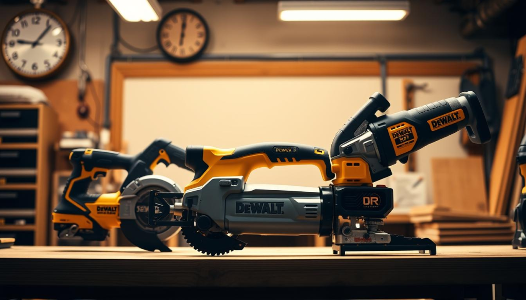 A well-lit workshop setting, showcasing a side-by-side comparison of the DeWalt XR Sawzall and its competitors. The DeWalt model takes center stage, its sleek and sturdy design highlighted by warm, directional lighting. The competing models are positioned alongside, allowing for a detailed visual analysis of their respective features, such as blade size, power output, and ergonomic grip. The scene captures the essence of a professional workbench, with a clean, organized layout and a sense of precision engineering. The overall mood is one of technical expertise, inviting the viewer to closely examine and appreciate the nuances that set the DeWalt XR Sawzall apart from the competition.