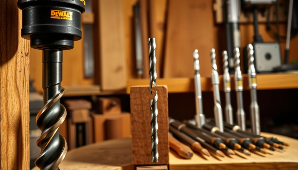 A well-lit workshop setting showcasing various DEWALT auger bits in use. In the foreground, a close-up view of a DEWALT 1-inch wood auger bit drilling into a wooden beam, its spiral flutes and sharp cutting edges visible. In the middle ground, a DEWALT 3/4-inch ship auger bit boring through a thick plank, its tapered tip and long shaft visible. In the background, a collection of DEWALT auger bits of different sizes and styles neatly arranged on a workbench, their polished metal surfaces gleaming under the warm workshop lighting. The overall scene conveys the reliability, versatility, and power of DEWALT auger bits for a range of wood drilling applications.
