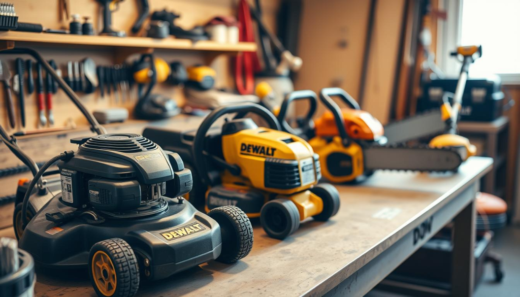 A well-lit workshop setting showcasing various DEWALT outdoor power equipment, including a lawnmower, a chainsaw, and a string trimmer, arranged on a workbench. The equipment is meticulously maintained, with visible attention to detail such as clean air filters, freshly sharpened blades, and properly lubricated components. Subtle hints of workshop tools and supplies in the background, creating a sense of functionality and professionalism. The overall mood is one of diligence and care, reflecting the importance of proper maintenance for ensuring the long-term reliability and performance of DEWALT outdoor power tools.