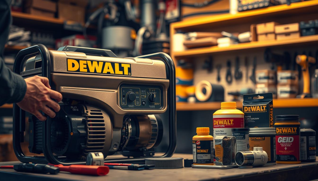 A well-lit workshop setting, the focus on a sturdy DEWALT generator, its metallic exterior gleaming under warm lighting. In the foreground, a mechanic's hands carefully inspecting the generator's components, tools neatly arranged nearby. The middle ground features a selection of DEWALT maintenance supplies - oil, filters, and spare parts. In the background, shelves laden with tools and equipment, conveying a sense of a professional, well-equipped workspace. The scene emanates a tone of expertise, care, and attention to detail, reflecting the reliable performance and enduring quality of DEWALT generators.