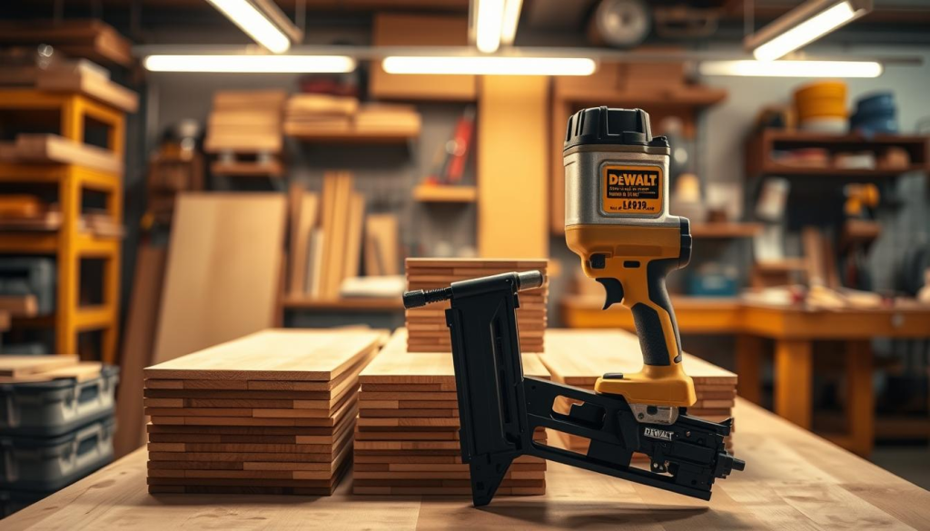 A well-lit workshop setting with a DEWALT Finish Nailer prominently displayed in the foreground, its metallic body gleaming under warm, directional lighting. In the middle ground, a neatly stacked pile of freshly finished wood pieces, showcasing the tool's precision and power. The background features a blend of industrial shelving, tools, and a softly blurred view of a productive workbench, conveying a sense of a professional, high-quality workspace. The overall mood is one of efficiency, craftsmanship, and customer satisfaction.
