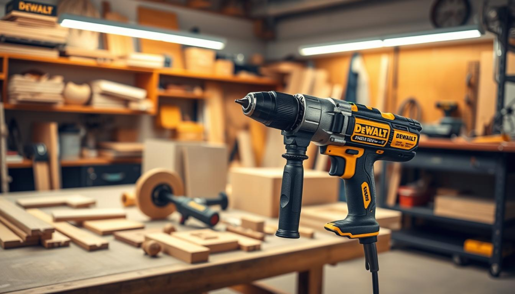 A well-lit workshop setting, with a DEWALT angle drill prominently displayed in the foreground. The drill's sleek, metallic body and angular design are captured in crisp detail, highlighting its precision and power. In the middle ground, various woodworking projects and materials are arranged, showcasing the drill's versatility in tasks such as drilling into corners, tight spaces, and hard-to-reach areas. The background features a clean, organized workspace with shelves, tools, and other workshop essentials, creating a professional, industrial atmosphere. The lighting is warm and directional, casting subtle shadows that accentuate the drill's form and texture. The overall scene conveys the DEWALT angle drill's practical applications and its role as a reliable, essential tool for the modern workshop.