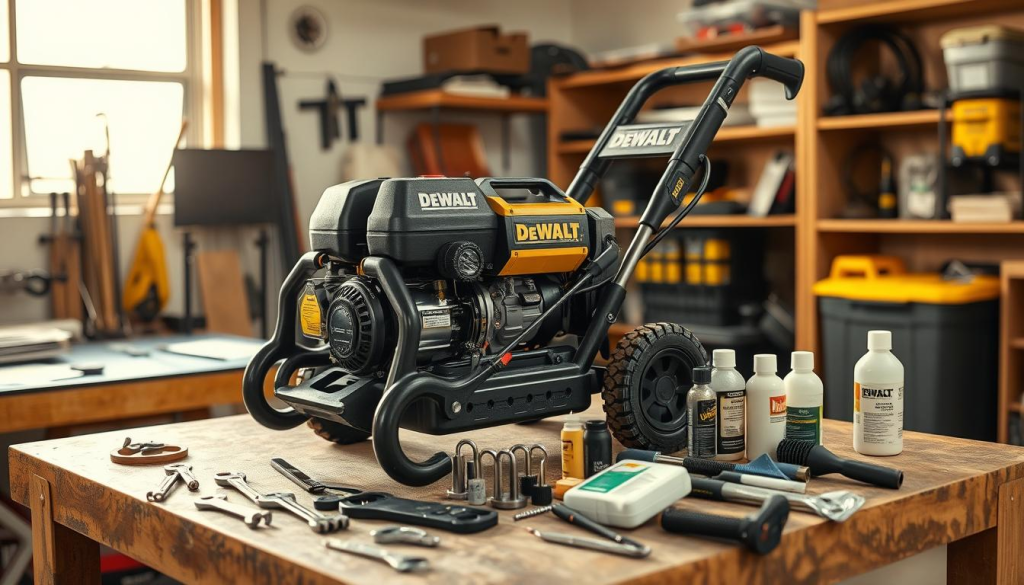 A well-lit workshop setting with a DEWALT electric power washer prominently displayed on a sturdy workbench. The power washer's components are dismantled, showcasing its inner workings. Nearby, an assortment of maintenance tools, such as wrenches, screwdrivers, and cleaning supplies, are neatly arranged. The lighting casts warm, natural tones, highlighting the intricate details of the machine. The background features a clean, organized workspace with shelves of related equipment, creating a sense of professionalism and attention to detail. The overall scene conveys a comprehensive understanding of the DEWALT power washer's maintenance and servicing requirements.