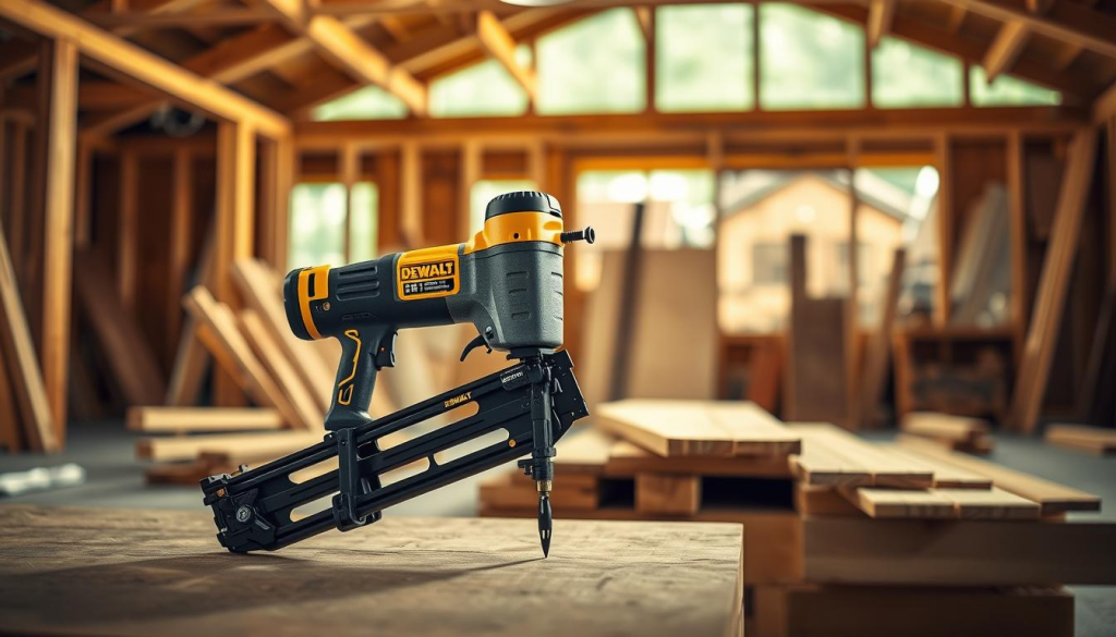 A well-lit workshop setting with a DEWALT framing nailer positioned prominently in the foreground. In the middle ground, various construction materials like wood beams, plywood sheets, and 2x4s are arranged, showcasing the nailer's versatility. The background features blurred images of partially-built structures, suggesting the diverse applications of the DEWALT framing nailer, from framing walls and roofs to assembling wooden furniture and cabinetry. The lighting is warm and natural, with soft shadows and highlights that accentuate the tool's design and functionality. The overall composition conveys the reliability, power, and versatility of the DEWALT framing nailer for a wide range of DIY and professional construction projects.