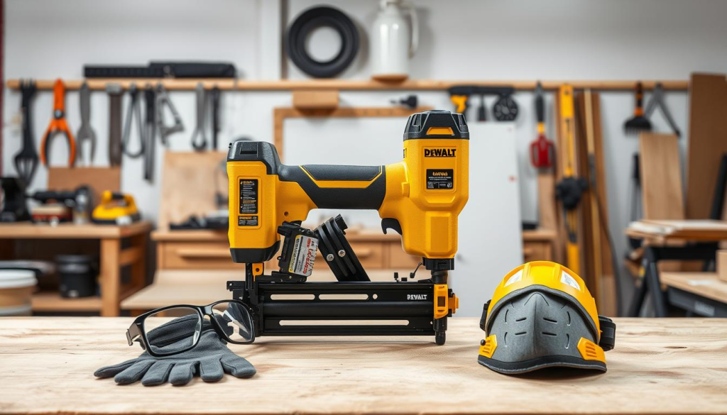 A well-lit workshop setting with a DEWALT roofing nailer prominently displayed on a wooden workbench. The nailer is surrounded by safety gear, including a pair of safety glasses, heavy-duty gloves, and a dust mask. The background features a clean, organized workspace with various tools and materials relevant to roofing projects. The lighting is bright and even, creating a professional, instructional atmosphere. The overall composition conveys the importance of safety and proper usage when operating a powerful tool like the DEWALT roofing nailer.