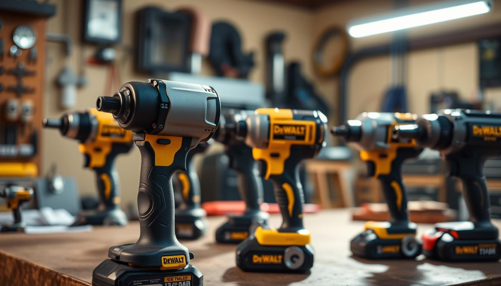 A well-lit workshop setting, with a DeWalt 3/8" impact wrench prominently displayed in the foreground. Alongside it, a selection of competitor models, each with their own distinct designs and features, arranged in a side-by-side comparison. The lighting is warm and directional, casting subtle shadows that highlight the textures and details of the tools. The background is slightly blurred, focusing the viewer's attention on the impact wrenches. The overall atmosphere conveys a sense of professional evaluation, inviting the viewer to closely examine and compare the capabilities of these powerful tools.