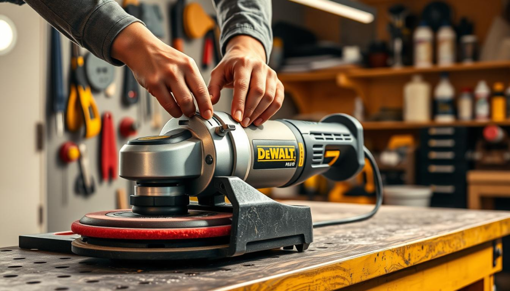 A well-lit workshop setting with a DeWalt polishing machine prominently displayed on a sturdy workbench. The machine's brushed metal casing and ergonomic design are captured in crisp detail. The operator's hands are visible, gently maintaining the machine, oiling the moving parts and cleaning the pads. Warm task lighting casts a soft glow, emphasizing the precision and care required for proper upkeep. The background features neatly organized tools and supplies, conveying a sense of professionalism and attention to detail. The overall atmosphere is one of focused, methodical maintenance, underscoring the importance of keeping a DeWalt polisher in top condition for optimal performance.