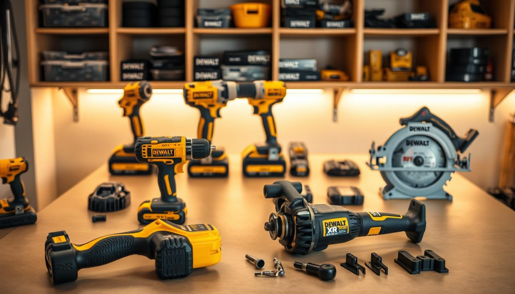 A well-lit workshop table displaying an assortment of DEWALT XR power tools, including a cordless drill, impact driver, and circular saw. The tools are meticulously arranged, showcasing their sleek, black and yellow design. In the foreground, a partially disassembled XR tool is laid out, revealing its inner workings. The background features shelves stocked with additional XR accessories and spare parts, creating a sense of a professional, well-equipped workspace. The lighting is warm and directional, highlighting the tools' details and creating subtle shadows that add depth and dimension to the scene. The overall atmosphere conveys a sense of precision, efficiency, and the care required to maintain high-performance DEWALT XR tools.