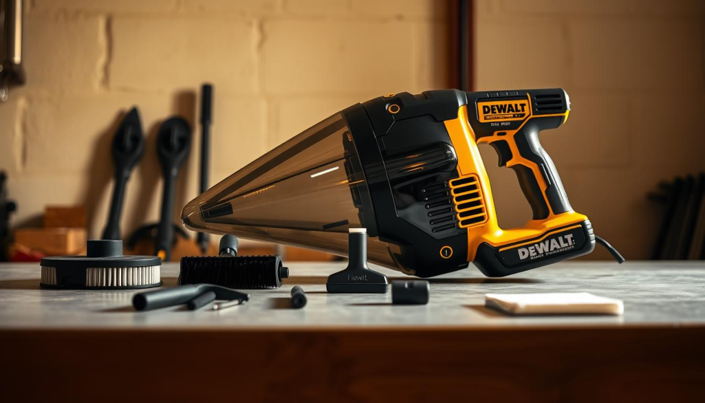 A well-lit workshop table showcases a DEWALT handheld vacuum in the foreground, its sleek black and yellow design gleaming. In the middle ground, various maintenance tools are neatly arranged, including a brush attachment, a crevice tool, and a spare filter. The background features a clean, minimalist wall, highlighting the focus on the vacuum and its care. Warm, directional lighting casts subtle shadows, emphasizing the texture and form of the vacuum and its accessories. The overall composition conveys a sense of order, efficiency, and the importance of proper maintenance for ensuring the longevity of this portable cleaning powerhouse.