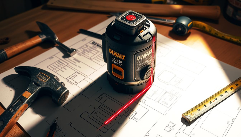 A well-lit workshop table showcases a DEWALT laser distance measurer. The device sits atop a blueprint, its red laser beam projecting a precise line across the surface. Surrounding the laser are various construction tools - a hammer, screwdriver, and tape measure - arranged neatly. Warm, directional lighting casts shadows that highlight the laser's intricate details. The overall scene conveys a sense of professional craftsmanship and the laser's essential role in measured, accurate work.