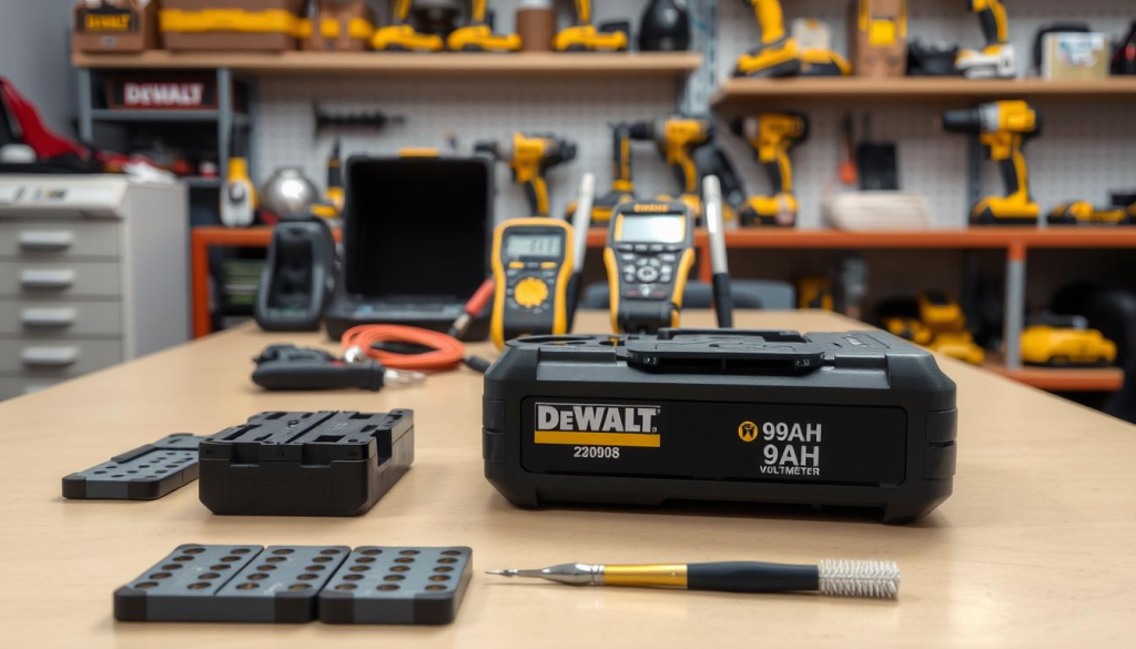 A well-lit workshop table showcases a disassembled DEWALT 9AH battery pack. In the foreground, the battery cells are neatly arranged, allowing inspection of their condition. In the middle ground, a set of specialized tools for battery maintenance, including a voltmeter and cleaning brushes, is displayed. The background features shelves stocked with additional DEWALT power tools, suggesting a professional workspace. The scene conveys a sense of meticulous care and attention to detail, reflecting the importance of proper battery maintenance for optimal tool performance and longevity.