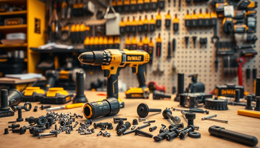 A well-lit workshop table showcases an array of DEWALT power tools and their replacement parts. In the foreground, various screws, brushes, and other components are neatly organized, conveying a sense of diligent maintenance. The middle ground features a disassembled DEWALT drill, its internal mechanisms exposed, inviting the viewer to learn about the intricacies of its upkeep. In the background, a wall-mounted tool storage system displays a range of DEWALT accessories, hinting at the comprehensive ecosystem of genuine replacement parts available. The scene is bathed in a warm, soft lighting, creating an atmosphere of thoughtful, practical care for these hardworking tools.