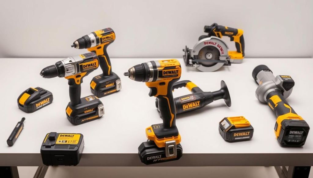 A well-lit workshop table showcases an assortment of the latest DEWALT power tools, including a sleek cordless drill, an impact driver, and a reciprocating saw. The tools are arranged in an aesthetically pleasing layout, their metallic casings gleaming under the soft, directional lighting. The background is a clean, minimalist white, allowing the tools to take center stage. The overall composition conveys a sense of professionalism, innovation, and the high-quality craftsmanship that DEWALT is known for, perfectly capturing the "Notable New Products in the DEWALT Lineup" section of the article.
