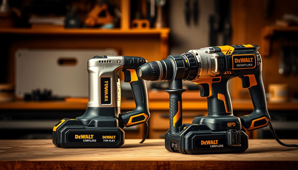 A well-lit workshop table showcases two DeWalt XR hammer drills, one cordless and one corded, side by side. The cordless model features a sleek, brushed metal body with a compact design, while the corded model has a more robust, industrial appearance. Intricate details like the textured grip, trigger, and drill chuck are prominently displayed, allowing viewers to appreciate the high-quality craftsmanship. The lighting casts warm, directional shadows, highlighting the tools' contours and emphasizing their power and durability. The overall scene conveys a sense of precision, functionality, and the ability to handle a wide range of drilling tasks with ease.