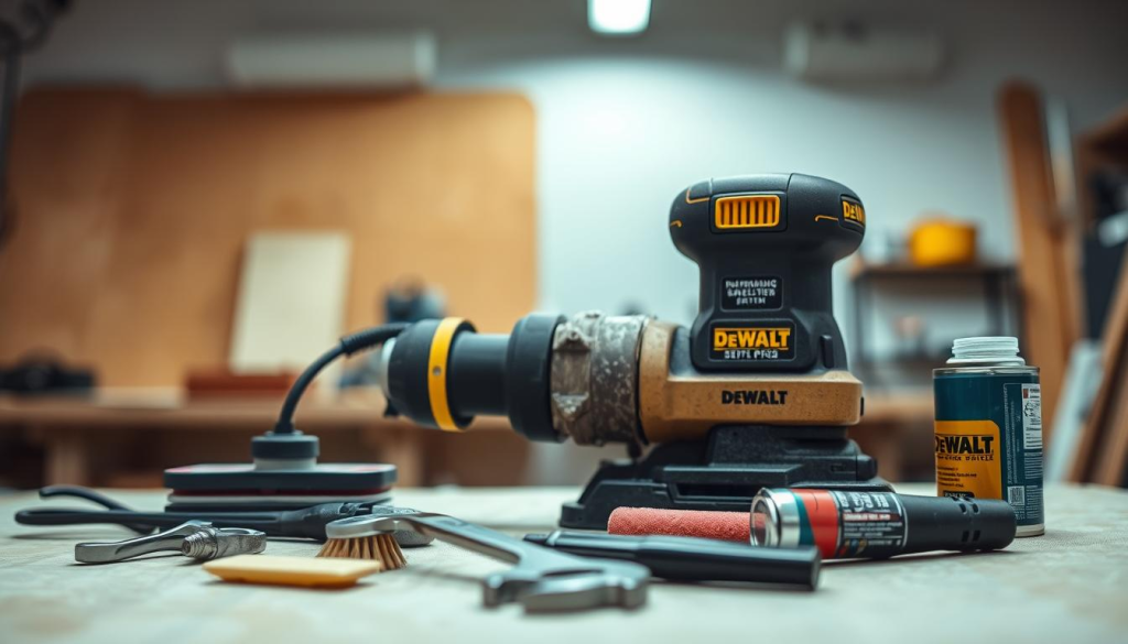 A well-lit workshop table, the focus centered on a Dewalt drywall sander. The sander is disassembled, revealing its inner mechanisms - the powerful motor, the sanding pad, and the dust collection system. In the foreground, various maintenance tools are neatly arranged, including a wrench, a brush, and a can of lubricant. The background is blurred, creating a sense of depth and highlighting the attention to detail in the sander's maintenance. The lighting is soft and even, casting gentle shadows that accentuate the sander's contours. The overall atmosphere is one of professionalism and care, reflecting the importance of proper maintenance for this essential tool.