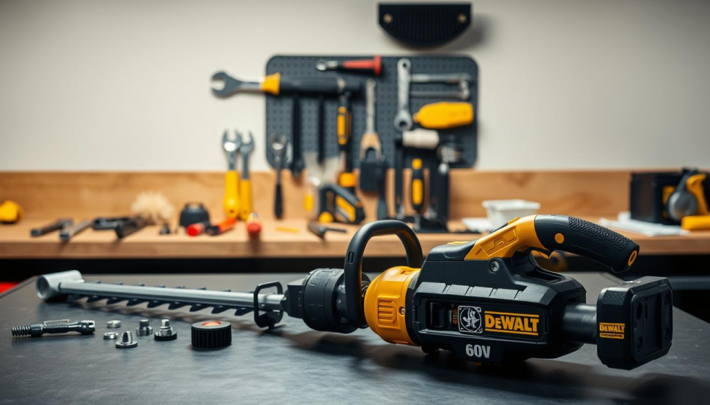 A well-lit workshop table, with a DEWALT 60V cordless string trimmer placed prominently in the foreground. The trimmer is disassembled, its components neatly arranged, showcasing the intricate internal mechanisms. In the middle ground, various maintenance tools, such as wrenches, screwdrivers, and a cleaning brush, are displayed, suggesting the steps involved in the trimmer's upkeep. The background features a clean, neutral-toned wall, creating a professional, instructional atmosphere. The lighting is soft and directional, highlighting the trimmer's details and creating a sense of depth and dimension. The overall composition conveys a sense of order, attention to detail, and the importance of proper maintenance for the DEWALT 60V trimmer.