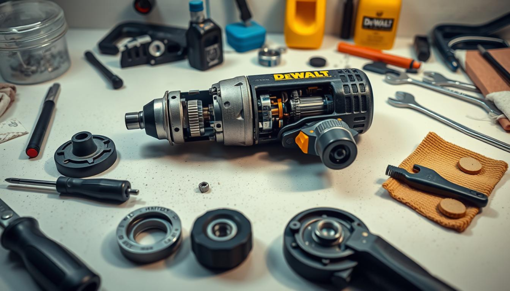 A well-lit workshop table with a DeWalt 1/2" impact wrench disassembled, revealing its internal components. Close-up shots showcase the mechanisms, gears, and bearings, highlighting the intricate engineering. Tools like screwdrivers, wrenches, and cleaning cloths are neatly arranged, suggesting a meticulous maintenance routine. The lighting is soft and even, creating a sense of focus and attention to detail. The overall atmosphere conveys a professional, technical, and educational tone, suitable for illustrating the "Maintenance and Care" section of the article.
