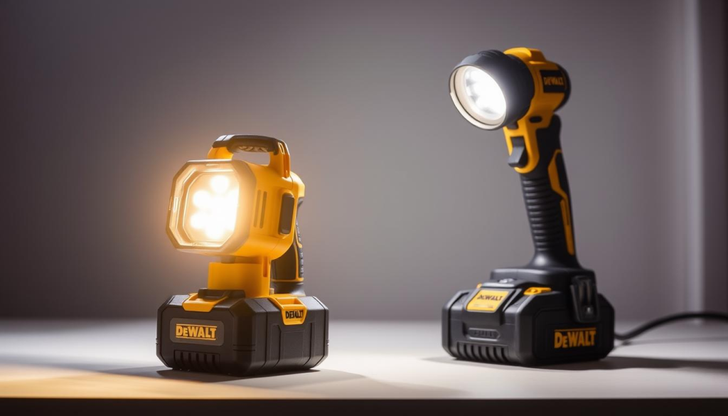 A well-lit workspace featuring a side-by-side comparison of cordless DEWALT work lights. In the foreground, the sleek and compact DEWALT DCL043 model stands prominently, its powerful LED illumination casting a warm, focused glow. In the middle ground, the larger DEWALT DCL050 model is positioned, showcasing its versatile adjustable head and impressive output. The background features a neutral, minimalist setting, allowing the work lights to take center stage. The image captures the durability, functionality, and performance that define the DEWALT brand, inviting the viewer to consider the unique features and benefits of each work light model.