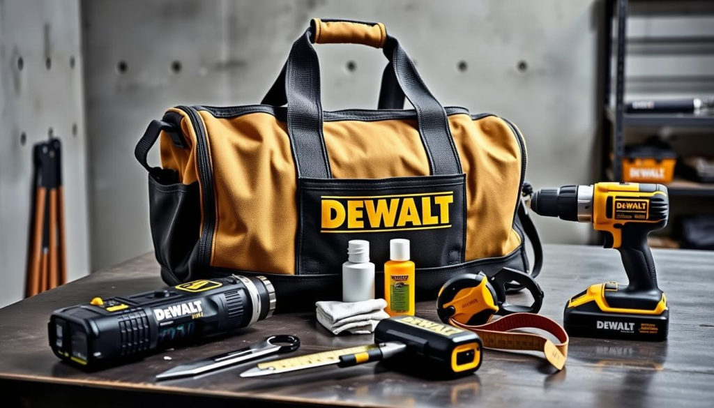 A well-maintained DEWALT tool bag resting on a sturdy workbench, its rugged fabric and reinforced handles gleaming under soft, diffused lighting. In the foreground, an assortment of DEWALT-branded tools - a cordless drill, a utility knife, and a tape measure - are neatly arranged, their surfaces polished and free of dust. The middle ground features a small collection of cleaning supplies, including a soft cloth and a bottle of leather conditioner, hinting at the meticulous care required to keep the bag in top condition. The background showcases a minimalist, industrial-inspired setting, with concrete walls and metal shelving, emphasizing the tool bag's place in a professional, job-ready environment.