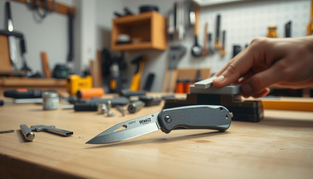 A well-maintained precision cutting tool, its sharp edge gleaming under the soft, even lighting of a workshop. In the foreground, the tool is meticulously disassembled, its components laid out with care on a clean, wooden workbench. The middle ground showcases the process, with a skilled hand applying a specialized sharpening stone, honing the blade to perfection. In the background, the workspace is orderly and organized, tools and supplies neatly arranged, conveying a sense of dedication and attention to detail. The overall mood is one of focused precision, reflecting the importance of proper maintenance for a DEWALT pocket knife, a trusted everyday companion.