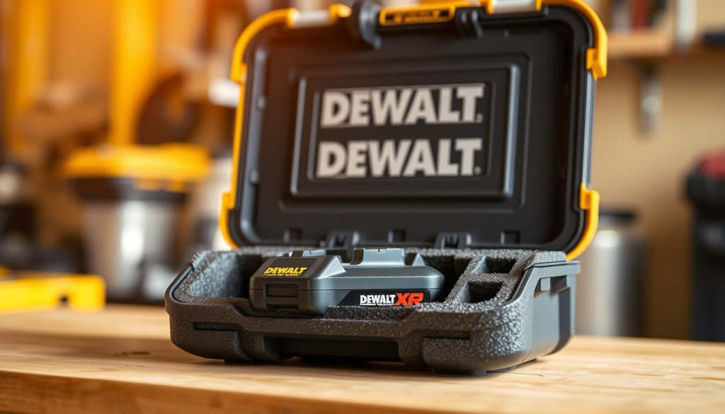 A well-organized DEWALT XR battery storage solution, shot in a warm, natural lighting with a shallow depth of field. The foreground features the battery pack nestled in a custom-molded foam insert, showcasing its sleek, durable design. The middle ground presents the storage case, crafted from sturdy, scratch-resistant materials, with a prominent DEWALT logo. The background subtly hints at a workshop or garage setting, conveying a sense of functionality and practicality. The overall composition emphasizes the battery's protection, organization, and integration into the user's workspace, reflecting the section's focus on extending the XR battery's lifespan.