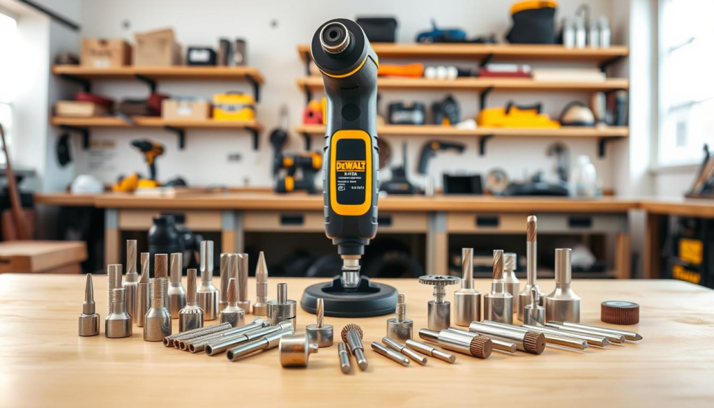 A well-organized DEWALT rotary tool accessory display in a bright, airy workshop setting. In the foreground, a variety of attachments and bits neatly arranged on a clean wooden surface, their metallic finishes gleaming under natural lighting. In the middle ground, the DEWALT rotary tool itself, its sleek body and ergonomic design prominently featured. The background showcases the workshop's practical functionality, with shelves and storage units housing additional tools and materials. The overall scene conveys a sense of professionalism, organization, and the versatility of the DEWALT rotary tool and its accessories for DIY projects.