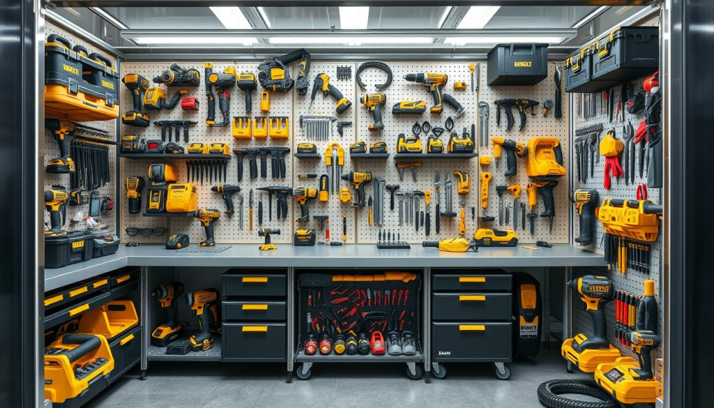 A well-organized DEWALT tool storage system with various compartments, drawers, and holders showcasing an array of power tools, hand tools, and accessories neatly arranged. The workspace is brightly lit, with a sleek and modern design aesthetic. The tools are displayed in a visually appealing manner, highlighting their precision engineering and durability. The overall composition emphasizes efficiency, practicality, and the streamlined organization of a professional workshop. The image captures the essence of the "Organization Features" section, showcasing how DEWALT's tool storage solutions can help maintain a tidy and functional jobsite.